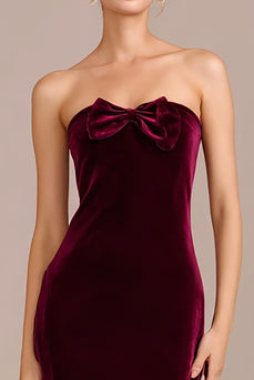 Burgundy Velvet Maxi Mermaid Holiday Party Dress with Bow