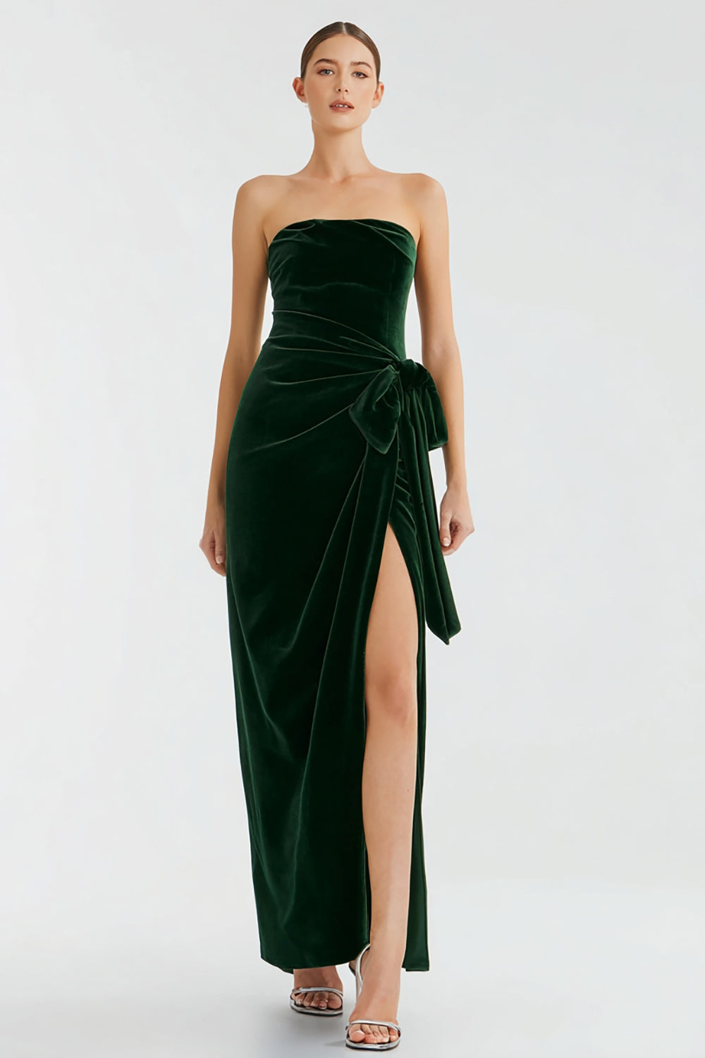 Velvet Pine Maxi Holiday Party Dress with Slit