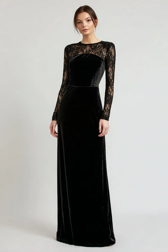 Black Sheath Velvet Long Holiday Party Dress with Lace