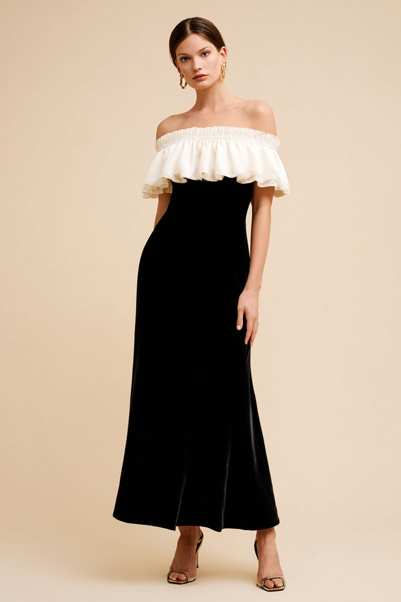 Load image into Gallery viewer, Black and White Maxi Velvet Holiday Party Dress with Ruffles