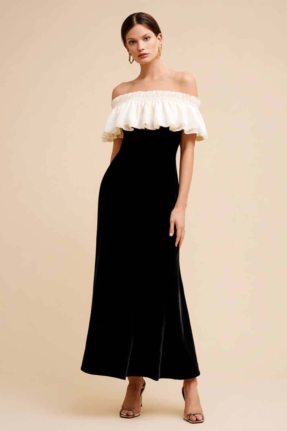 Black and White Maxi Velvet Holiday Party Dress with Ruffles