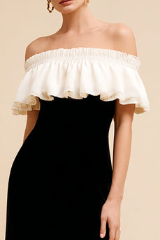 Black and White Maxi Velvet Holiday Party Dress with Ruffles