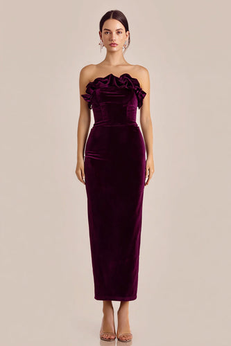 Plum Maxi Velvet Holiday Party Dress with Ruffles