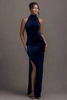 Load image into Gallery viewer, Dark Navy Sheath Velvet Maxi Holiday Party Dress with Slit
