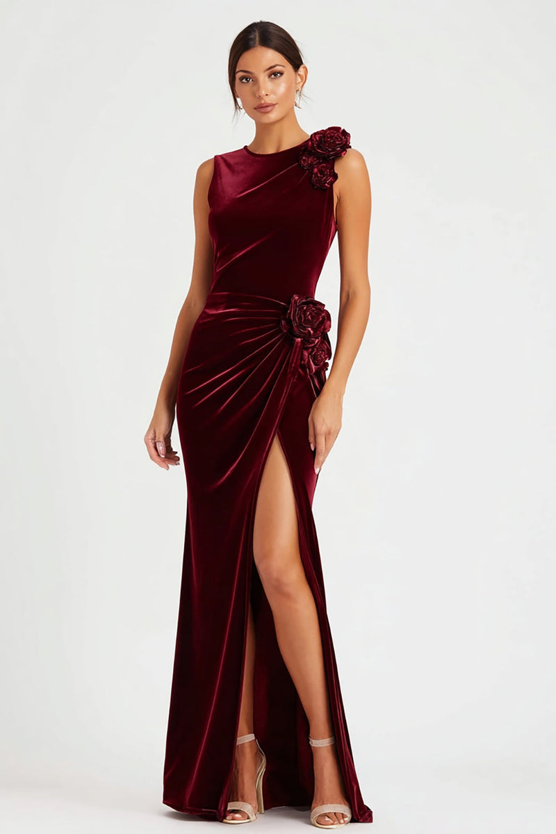 Load image into Gallery viewer, Burgundy Sheath Velvet Maxi Holiday Party Dress with 3D Flowers