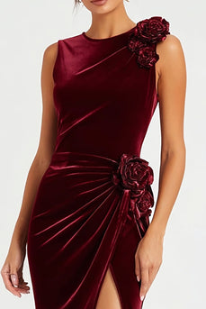 Burgundy Sheath Velvet Maxi Holiday Party Dress with 3D Flowers
