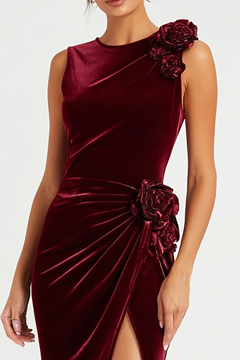 Load image into Gallery viewer, Burgundy Sheath Velvet Maxi Holiday Party Dress with 3D Flowers