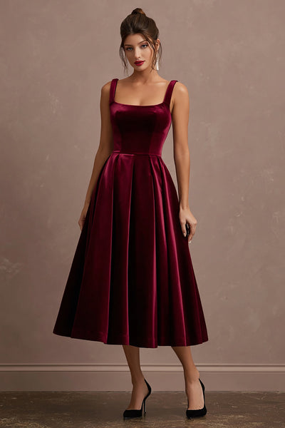 Burgundy A-Line Velvet Midi Holiday Party Dress