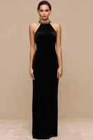 Load image into Gallery viewer, Sparkly Black Maxi Velvet Holiday Party Dress with Beading