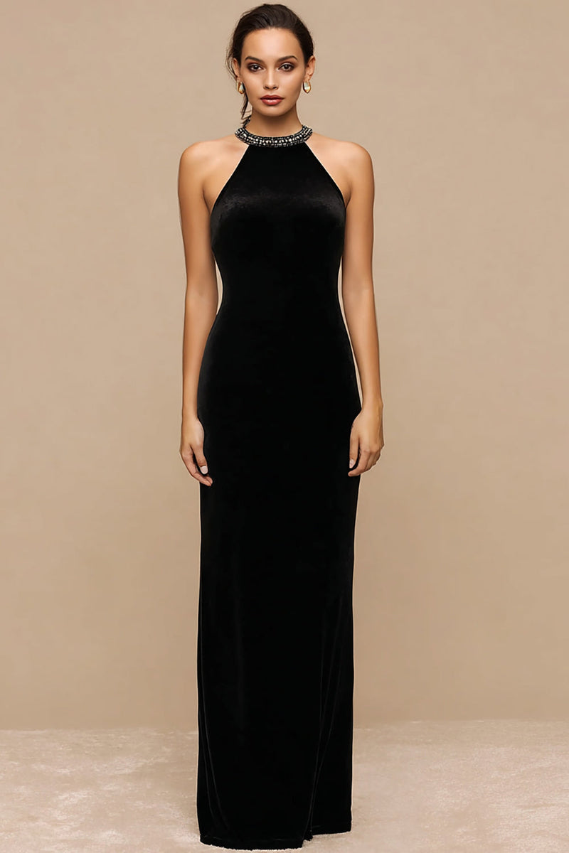 Load image into Gallery viewer, Sparkly Black Maxi Velvet Holiday Party Dress with Beading