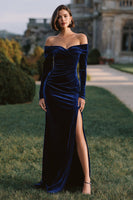 Load image into Gallery viewer, Velvet Navy Maxi Holiday Party Dress with Slit