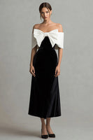 Load image into Gallery viewer, Black and White Maxi Velvet Holiday Party Dress with Bow