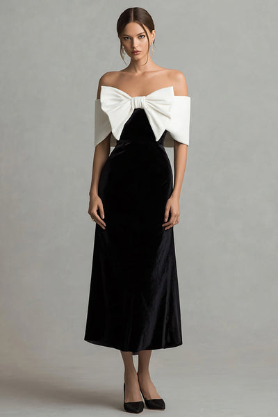 Black and White Maxi Velvet Holiday Party Dress with Bow