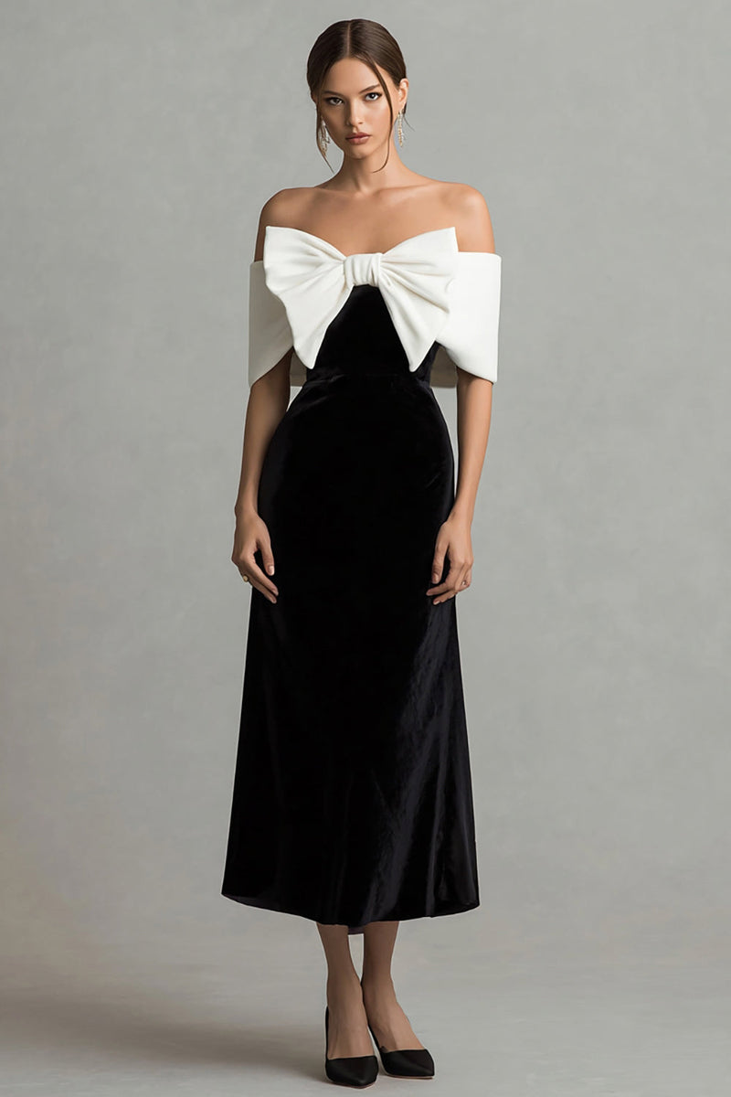 Load image into Gallery viewer, Black and White Maxi Velvet Holiday Party Dress with Bow