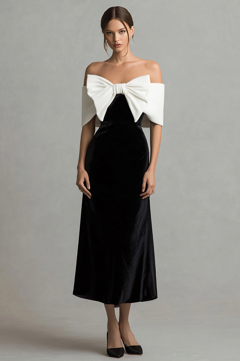 Black and White Maxi Velvet Holiday Party Dress with Bow