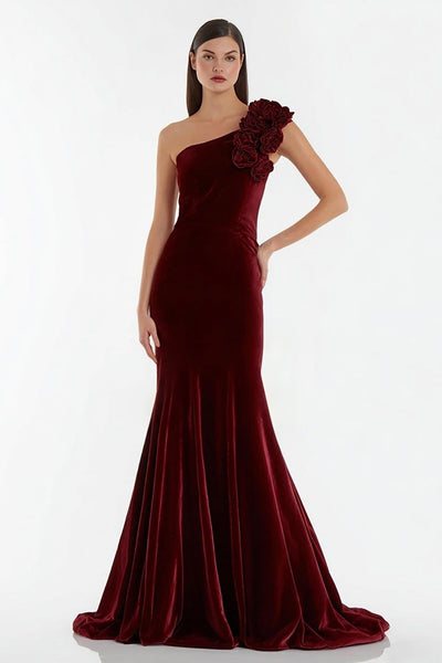 Velvet Burgundy Long Holiday Party Dress with 3D Flowers