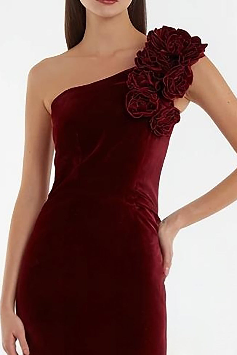 Load image into Gallery viewer, Velvet Burgundy Long Holiday Party Dress with 3D Flowers