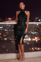 Load image into Gallery viewer, Sparkly Red Sequin Bodycon Halter Midi Cocktail Dress with Slit