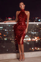 Load image into Gallery viewer, Sparkly Red Sequin Bodycon Halter Midi Cocktail Dress with Slit