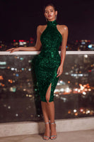 Load image into Gallery viewer, Sparkly Red Sequin Bodycon Halter Midi Cocktail Dress with Slit