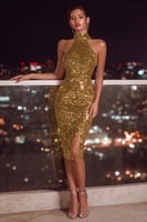 Load image into Gallery viewer, Sparkly Red Sequin Bodycon Halter Midi Cocktail Dress with Slit