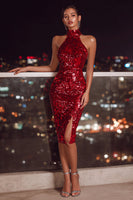 Load image into Gallery viewer, Sparkly Red Sequin Bodycon Halter Midi Cocktail Dress with Slit