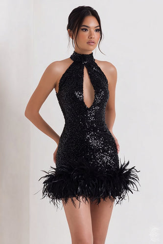 Sparkly Black Sequin Bodycon Short Cocktail Dress with Feather