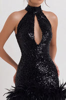 Load image into Gallery viewer, Sparkly Black Sequin Bodycon Short Cocktail Dress with Feather
