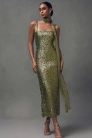 Load image into Gallery viewer, Sparkly Olive Sequin Bodycon Scarf Neck Long Holiday Party Dress