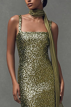 Sparkly Olive Sequin Bodycon Scarf Neck Long Holiday Party Dress