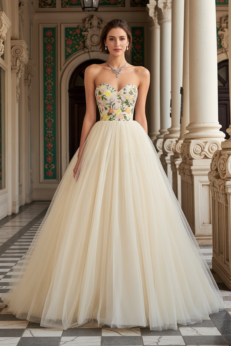 Load image into Gallery viewer, Ivory Tulle Floral A Line Sweetheart Long Prom Dress