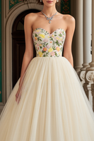 Load image into Gallery viewer, Ivory Tulle Floral A Line Sweetheart Long Prom Dress