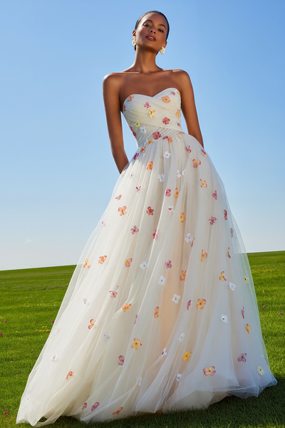 White Tulle Strapless A Line Floral Long Prom Dress