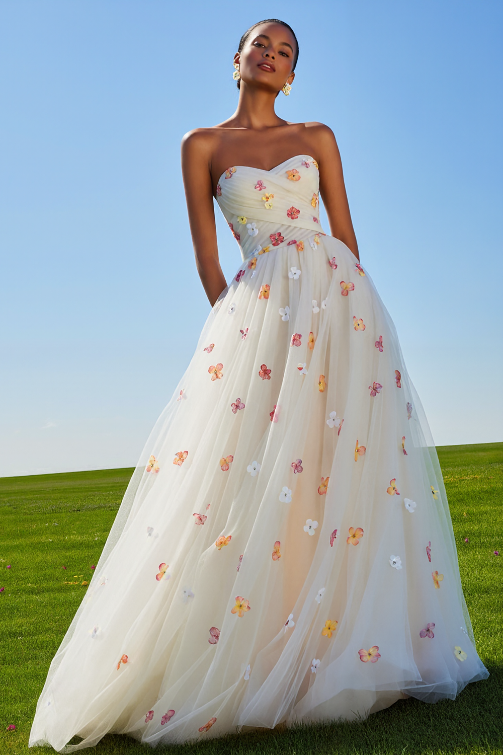 White Tulle Strapless A Line Floral Long Prom Dress