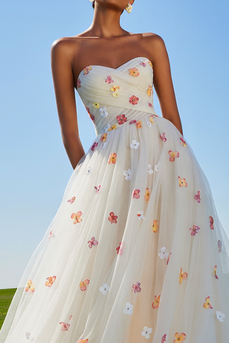 White Tulle Strapless A Line Floral Long Prom Dress