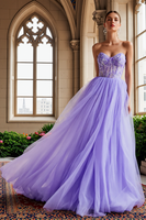 Load image into Gallery viewer, Lilac Tulle Strapless Appliqued Long Corset Prom Dress