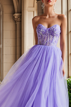 Lilac Tulle Strapless Appliqued Long Corset Prom Dress