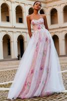 Load image into Gallery viewer, Sparkly Pink Floral Strapless Long Beaded Prom Dress