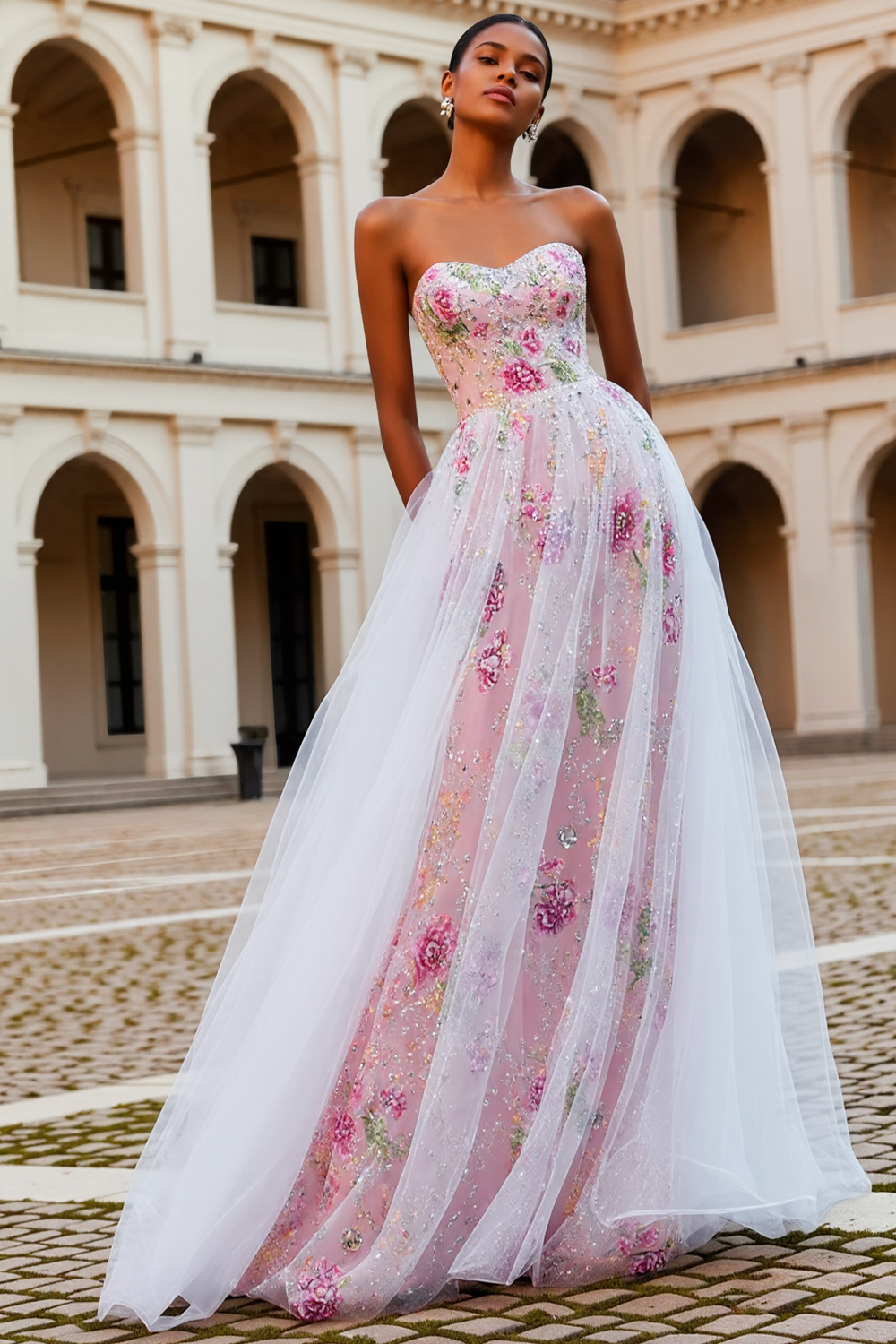 Sparkly Pink Floral Strapless Long Beaded Prom Dress