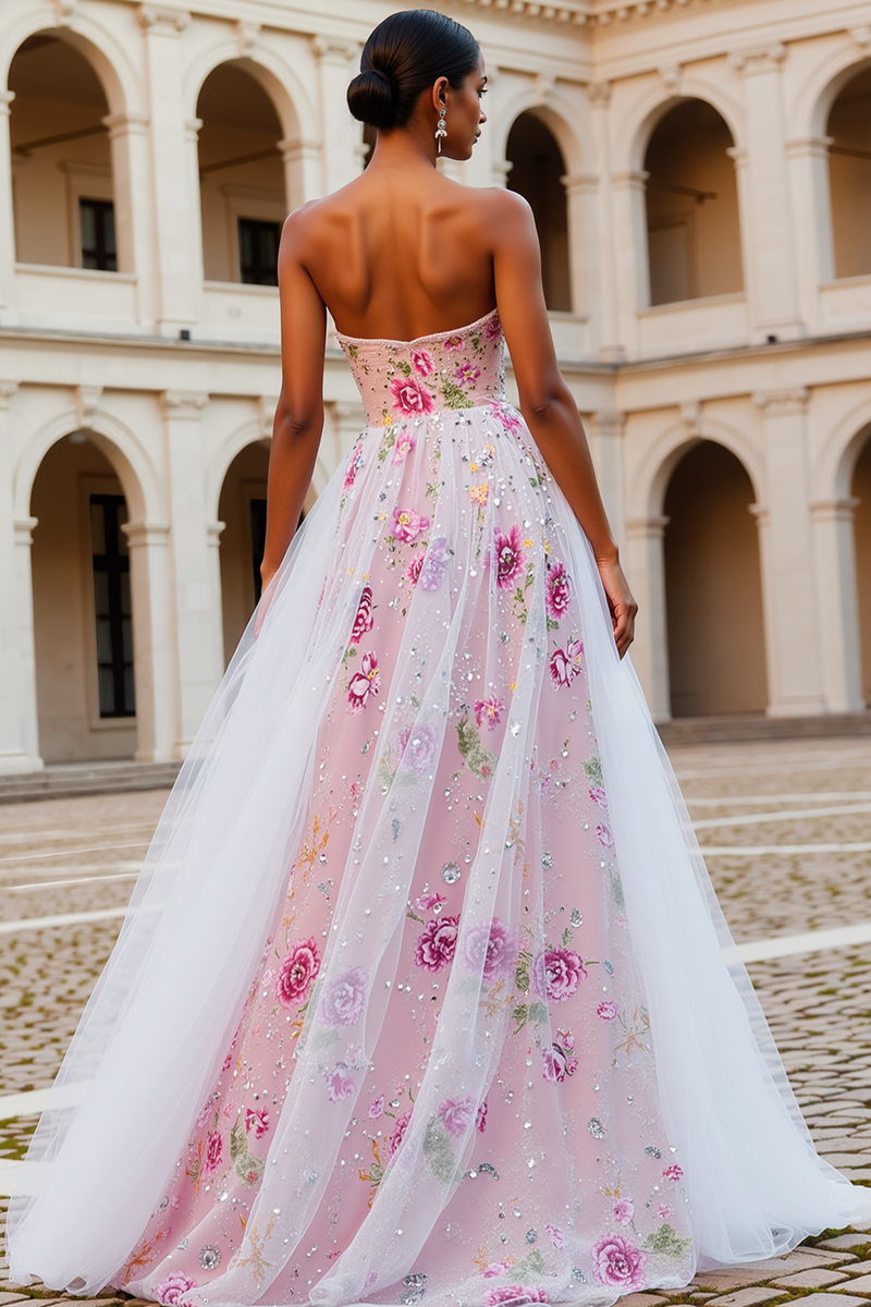Load image into Gallery viewer, Sparkly Pink Floral Strapless Long Beaded Prom Dress