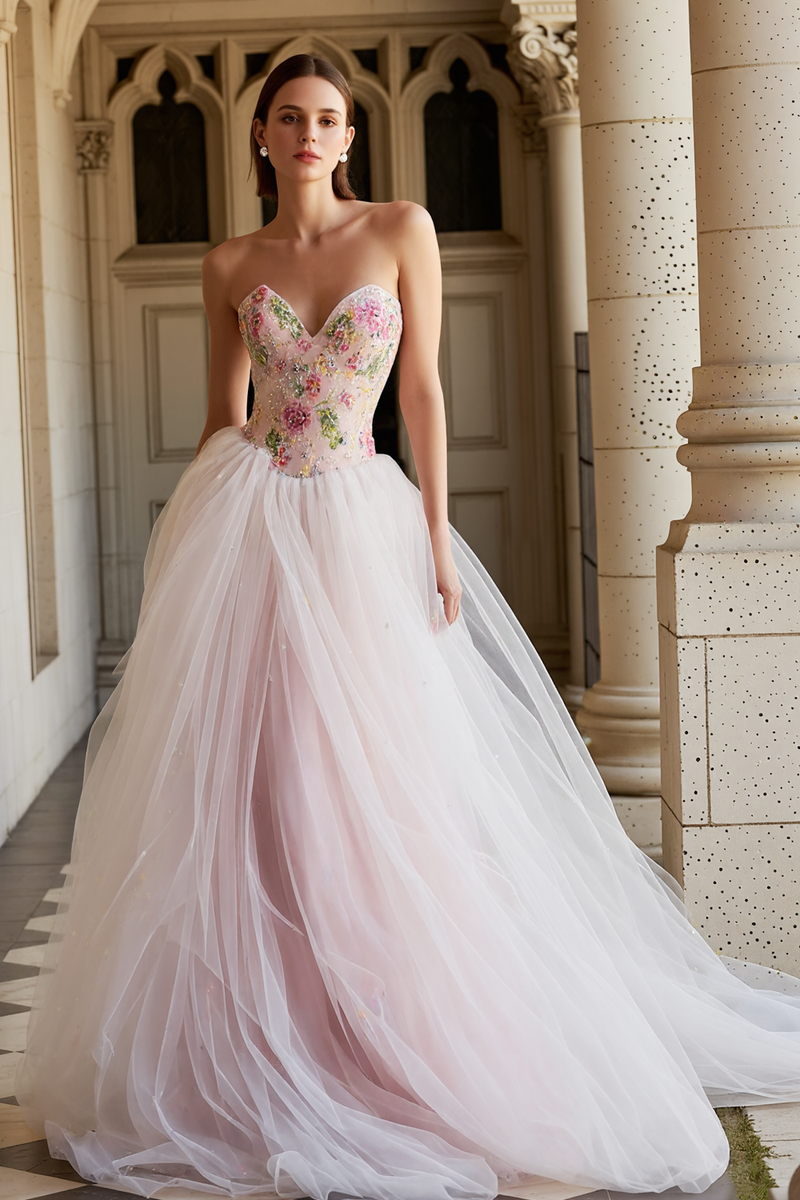 Load image into Gallery viewer, Sparkly Pink Floral Sweetheart Long Prom Dress with Beadings