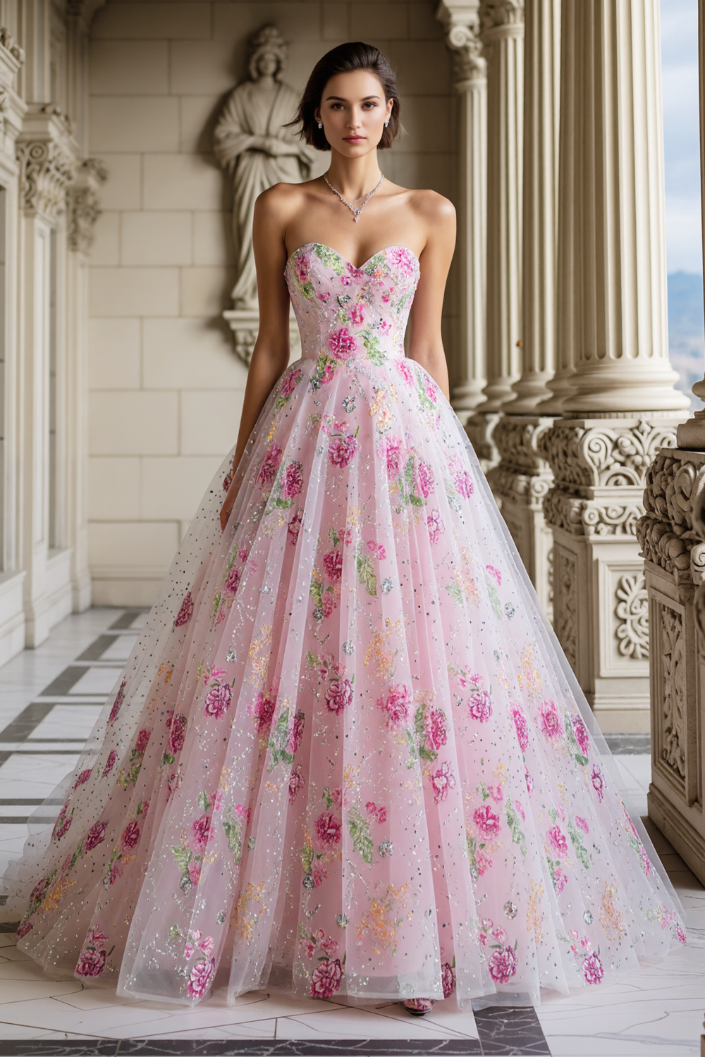 Sparkly Pink Floral Sweetheart A Line Long Prom Dress with Beadings