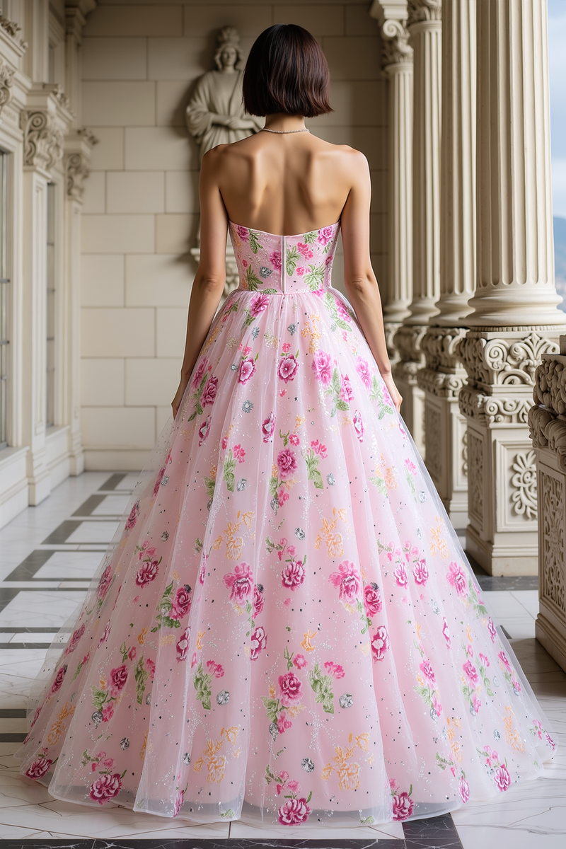Load image into Gallery viewer, Sparkly Pink Floral Sweetheart A Line Long Prom Dress with Beadings