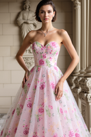 Load image into Gallery viewer, Sparkly Pink Floral Sweetheart A Line Long Prom Dress with Beadings