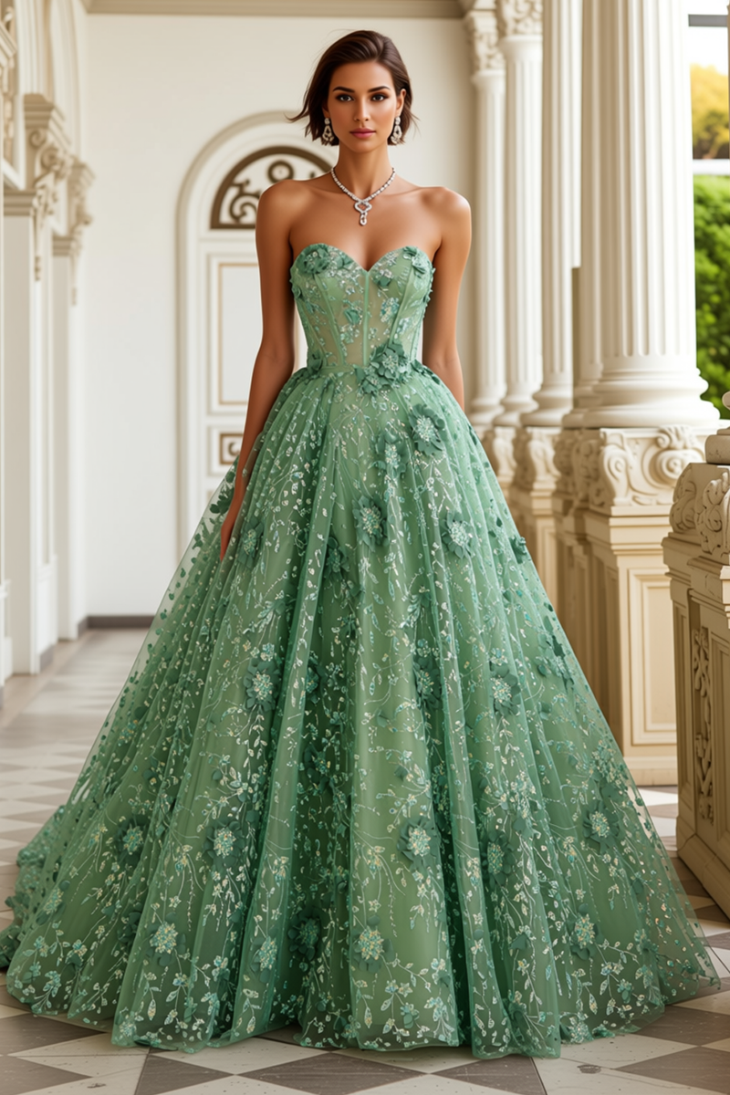 Load image into Gallery viewer, Green Floral A Line Sweetheart Corset Long Prom Dress