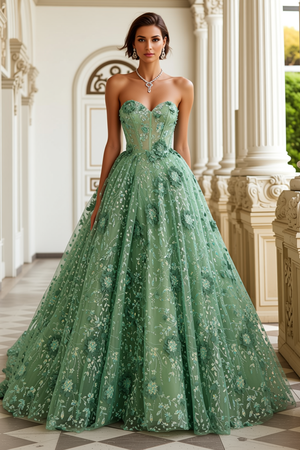 Green Floral A Line Sweetheart Corset Long Prom Dress