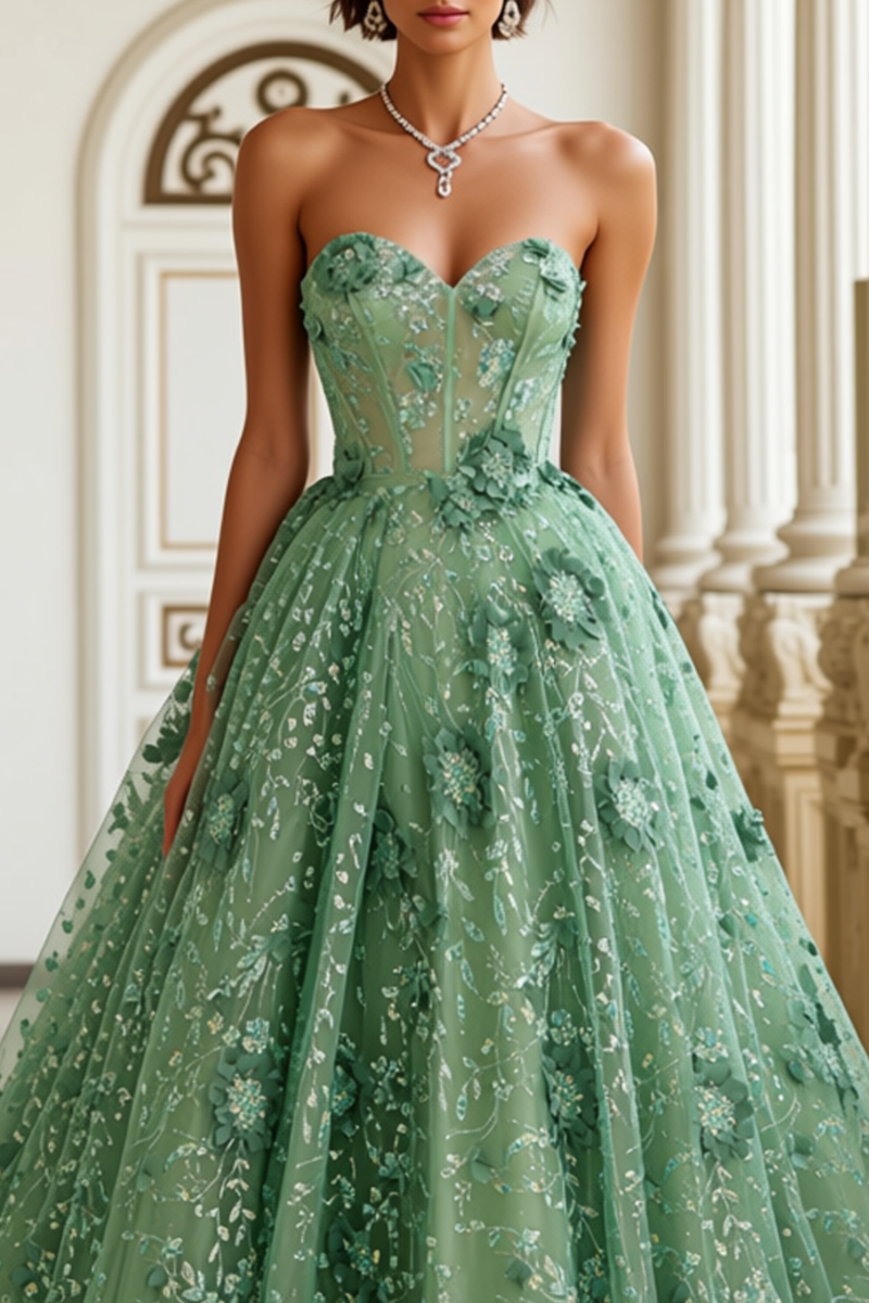 Load image into Gallery viewer, Green Floral A Line Sweetheart Corset Long Prom Dress