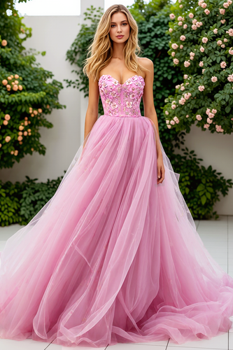 Pink Tulle Strapless Floral A Line Corset Long Prom Dress