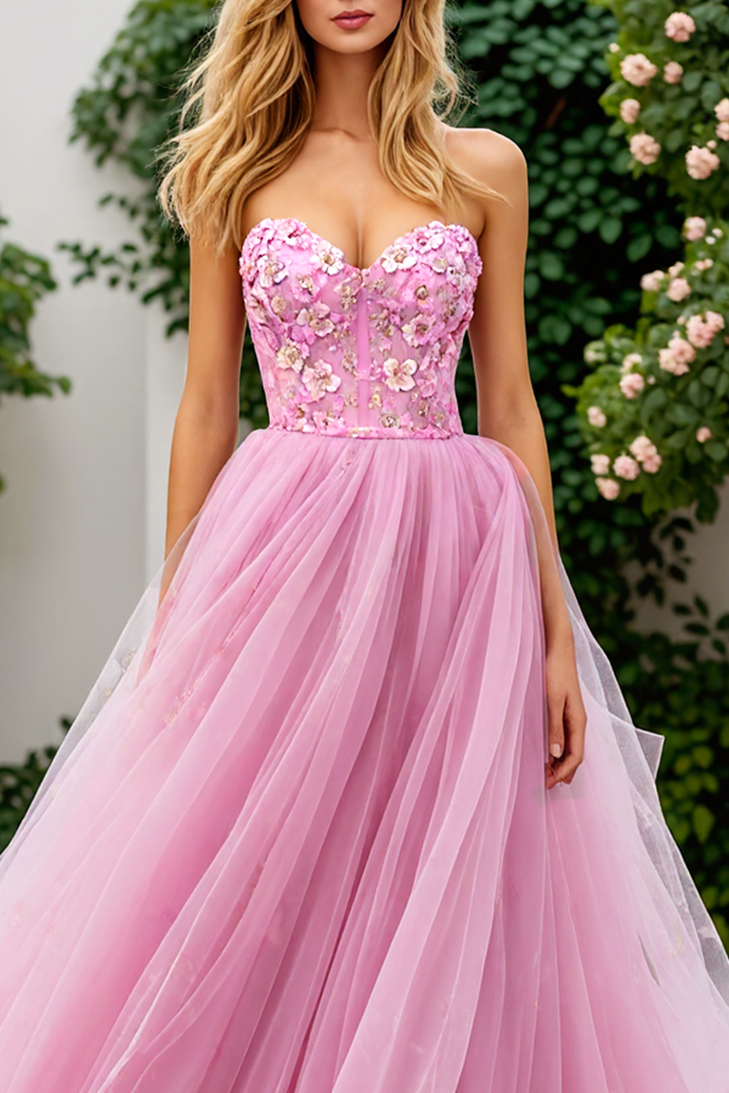 Load image into Gallery viewer, Pink Tulle Strapless Floral A Line Corset Long Prom Dress