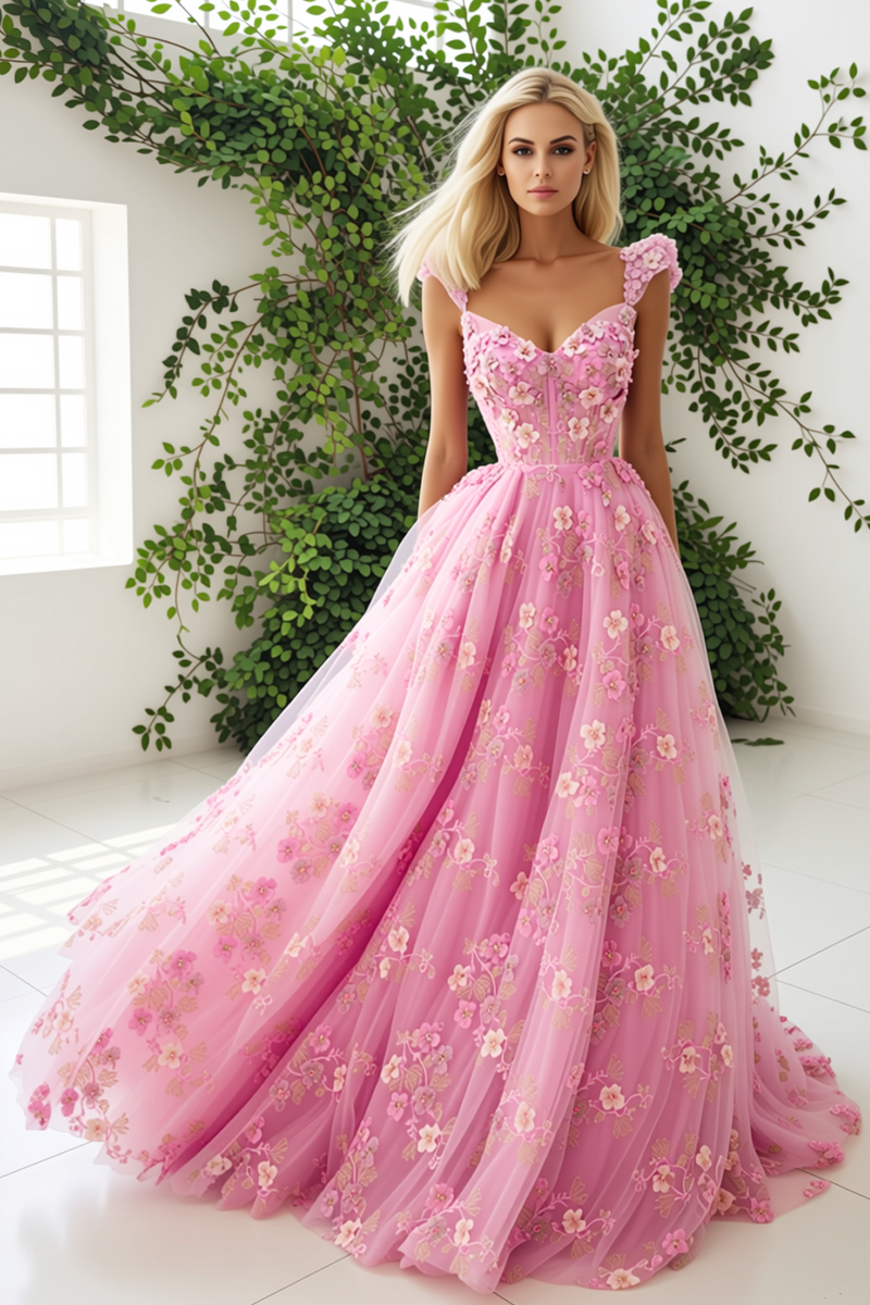 Load image into Gallery viewer, Pink Floral Thick Straps A Line Tulle Long Corset Prom Dress